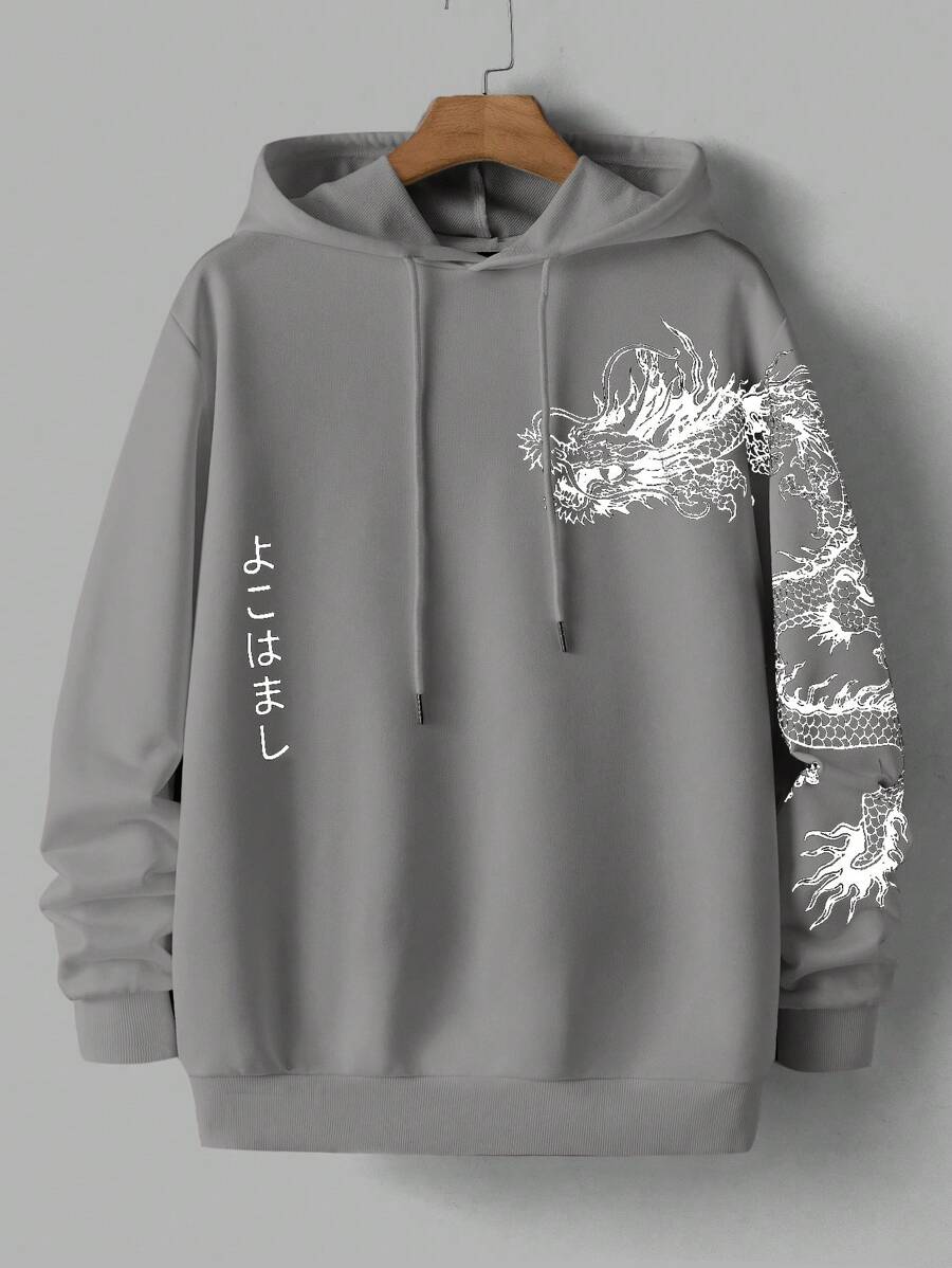 Manfinity VCAY Sweat-shirt à capuche imprimé dragon chinois tricoté, manches longues, décontracté, automne, pour hommes