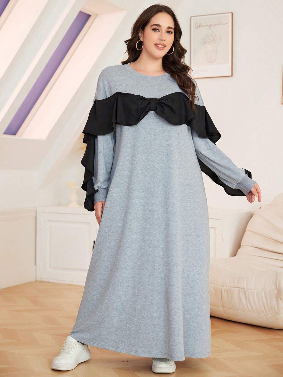 Mulvari Plus Size Women Bow Decor Contrast Color Ruffle Sleeve Sweatshirt Dress, Autumn