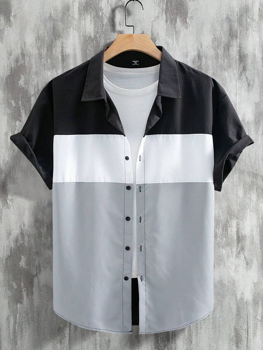 Manfinity Homme Camisa casual de manga corta con botones y bloque de color para hombres de talla grande