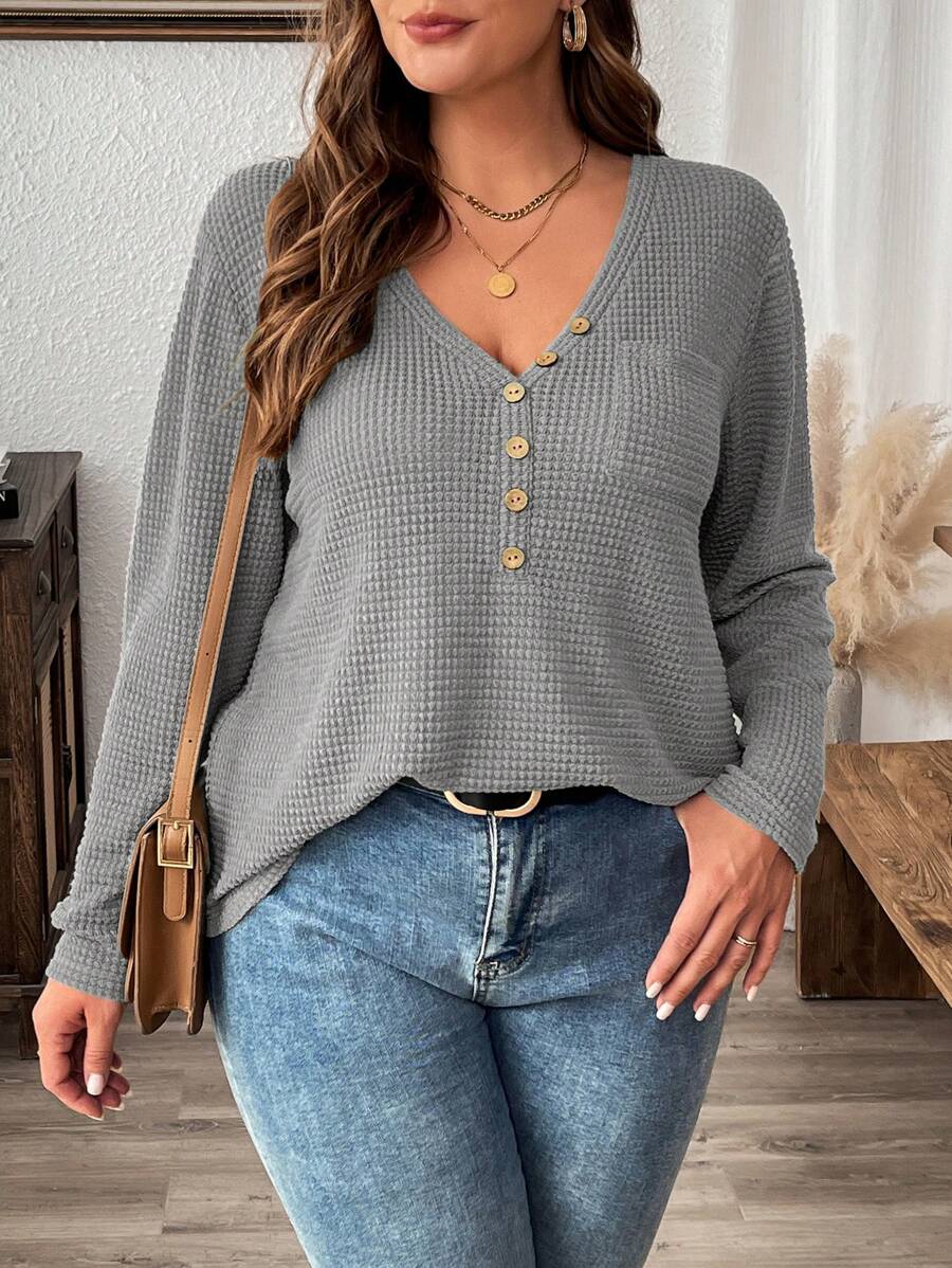 SHEIN LUNE Knit Textured V-Neck Button Decor Fitted Long Sleeve T-Shirt