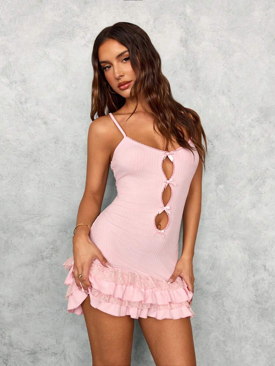 SHEIN SXY Fall Women Clothes;Pink Sweet Girl Ballerina Style Multi-Layer Ruffle Cake Skirt Dress With Bowknot Lace Spaghetti Strap Mini Dress Olid Color Party/Date Night/Party Mini Dress Sexy Elegant Mini Dress/Valentine's Day Dress/Homecoming Prom Dress