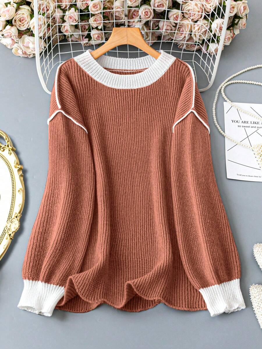 SHEIN LUNE Plus Size Autumn/Winter Casual Colorblock Raglan Loose Knit Sweater
