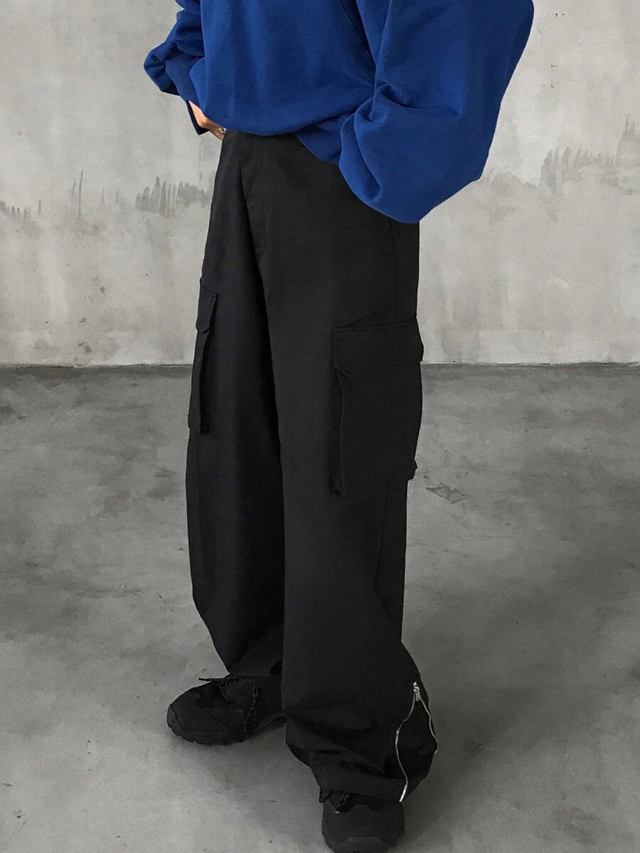 FRIFUL Women's Casual Everyday Flap Pocket Zip Detail Loose Trousers