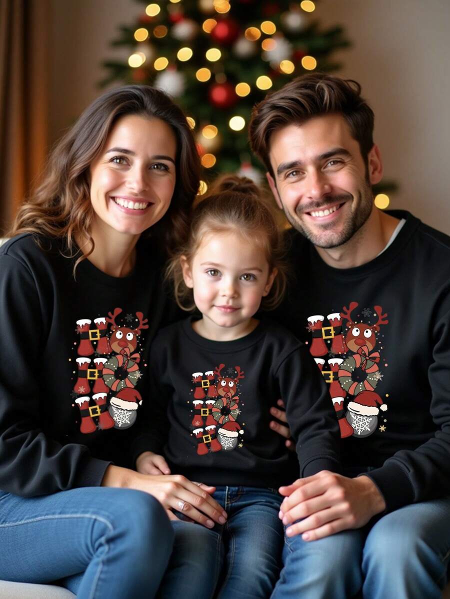 Christmas Women Christmas Elk Pattern Letter Print Casual Round Neck Black Fleece Hoodie Sweatshirt, Autumn/Winter Matching Outfits Mommy And Me (3 Pcs Are Sold Separately)