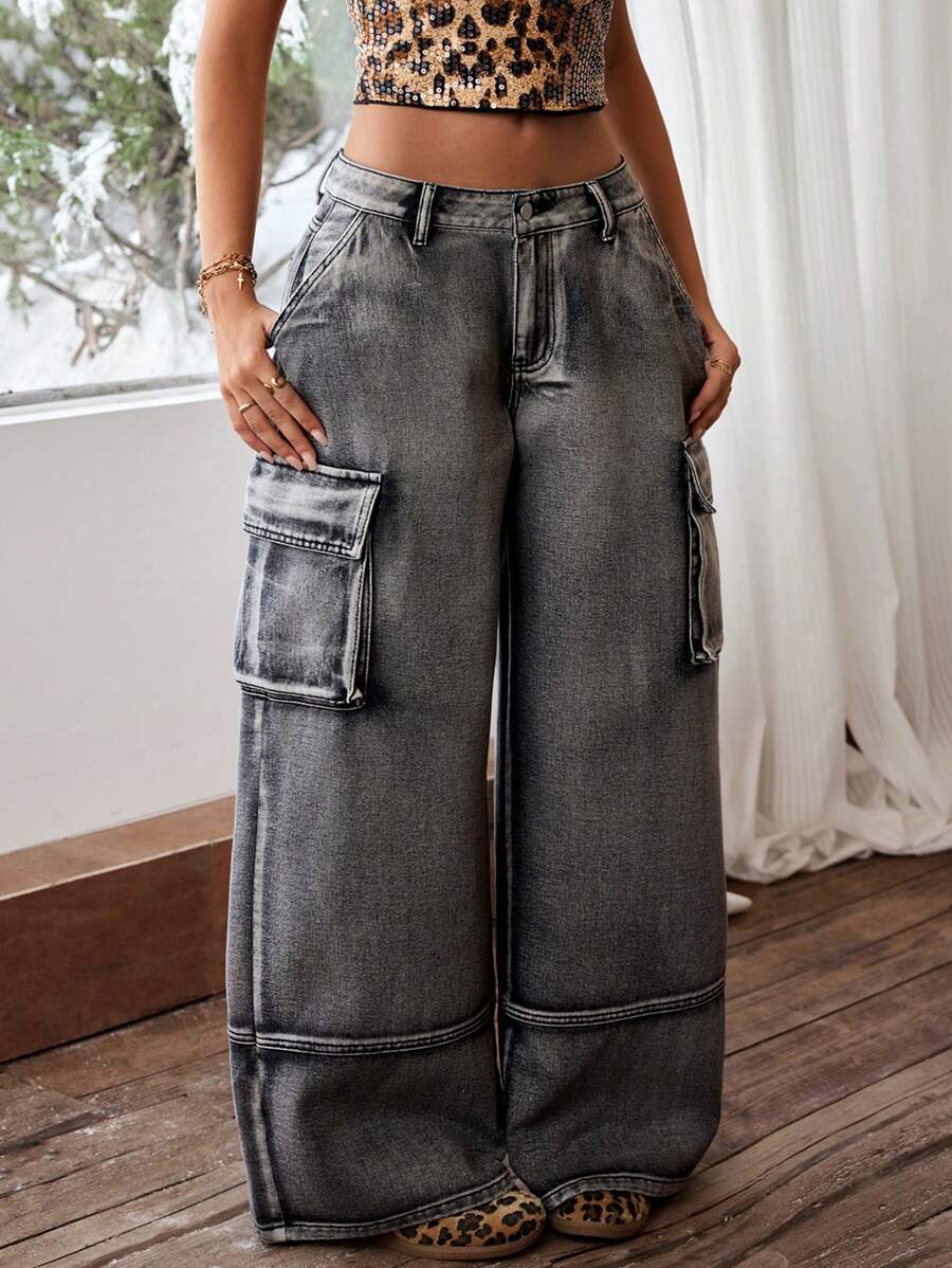 SHEIN ICON Women's Washed Vintage Wide-Leg Cargo Jeans