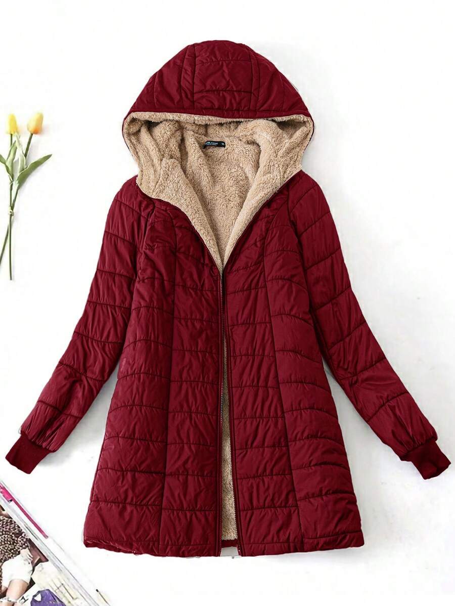 SHEIN LUNE Plus Size Women's Solid Color Casual Hooded Coat, Winter