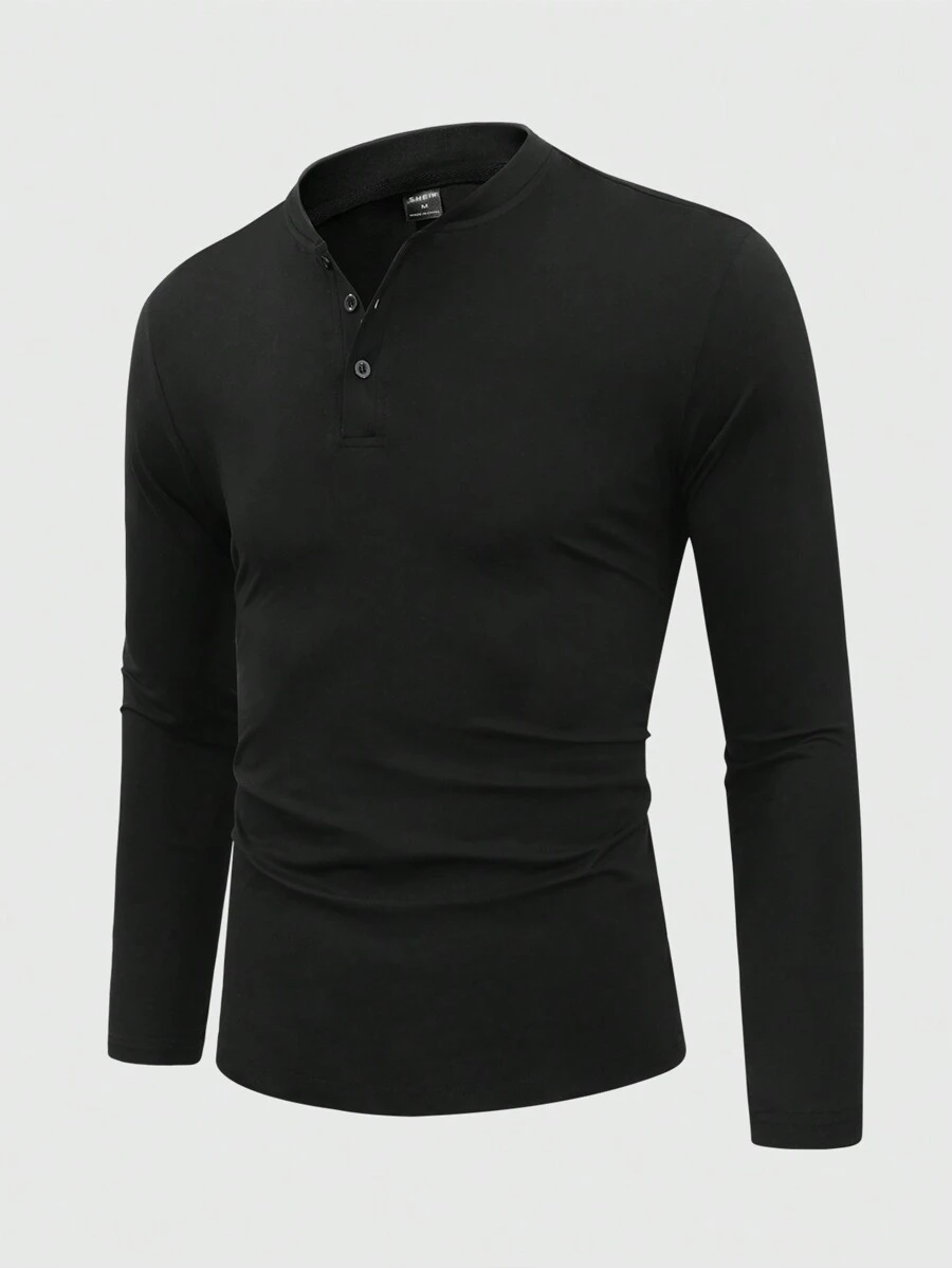 Manfinity Homme Men Casual Plain Half Button Up Long Sleeve T-Shirt, Spring/Autumn, Black Plain Casual Work Long Sleeve T-Shirt, Boyfriend Gift