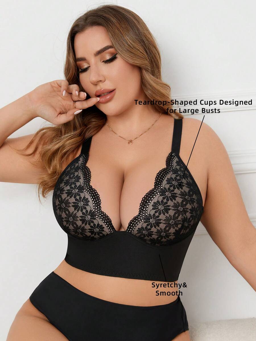 DesireSculpt Plus Size Lace Panel Wireless Bra