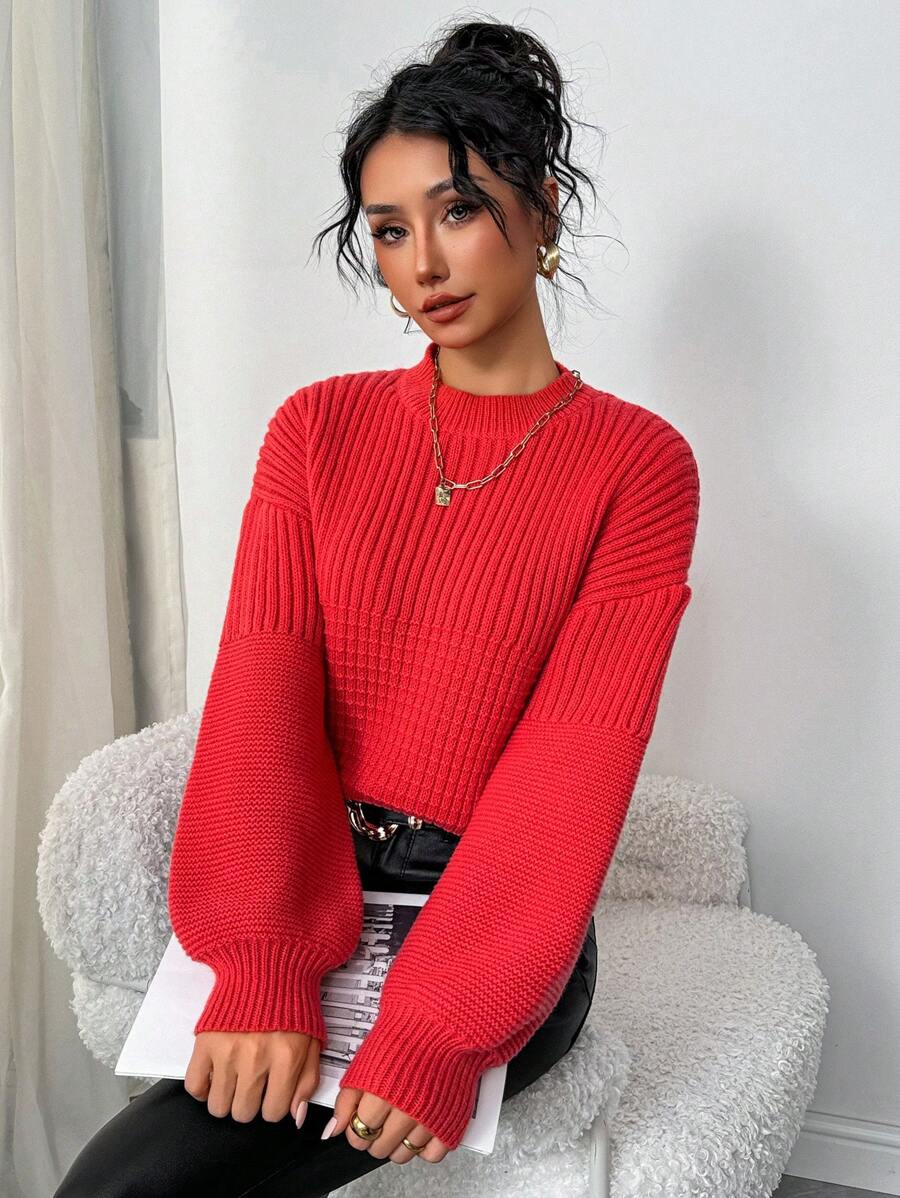 Chiquease Women Casual Round Neck Lantern Sleeve Solid Knitted Sweater, Autumn/Winter