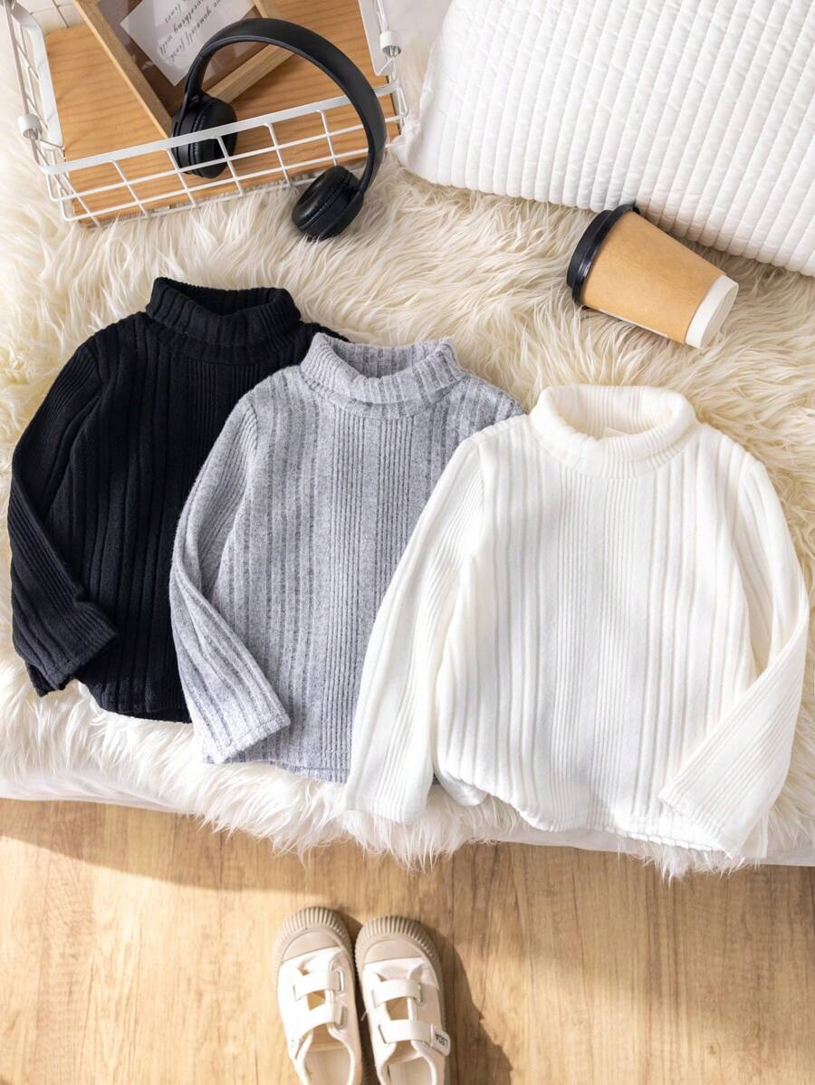 SHEIN 3 stuks/set babyjongens basic effen kleur hoge kraag lange mouwen gebreide truien, herfst/winter
