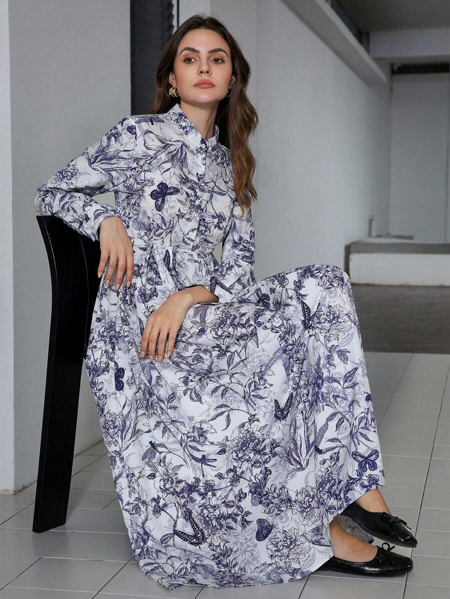 Aveloria 1pc Random Floral Print Button-Up Long Sleeve Pleated A-Line Dress For Women
