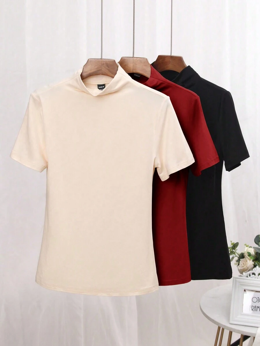 Chiquease Women Casual Solid Color Stand Collar Short Sleeve T-Shirt, Versatile For Autumn/Winter