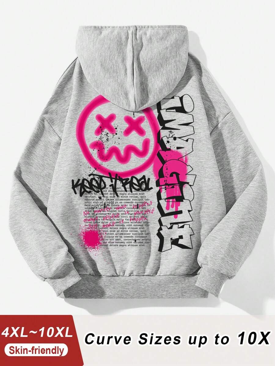 SHEIN CURVE+ Plus Size Casual And Simple Cartoon Letter Pattern Long Sleeved Hood Suitable For Autumn And Winter Ultra Loose Women's Hoodie