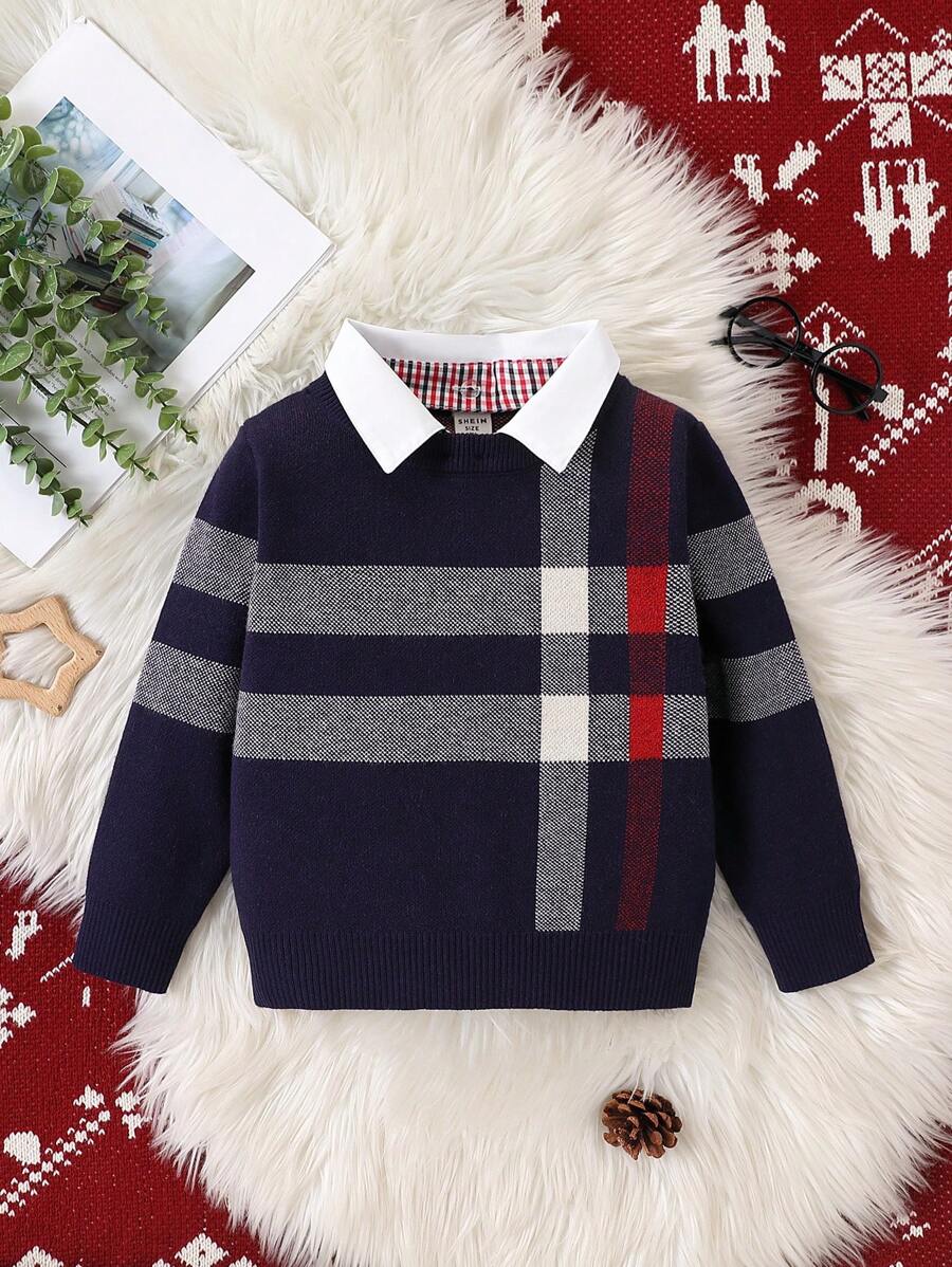 SHEIN Maglione a maniche lunghe casual da ragazzo con stampa a righe e blocks di colore sul colletto
