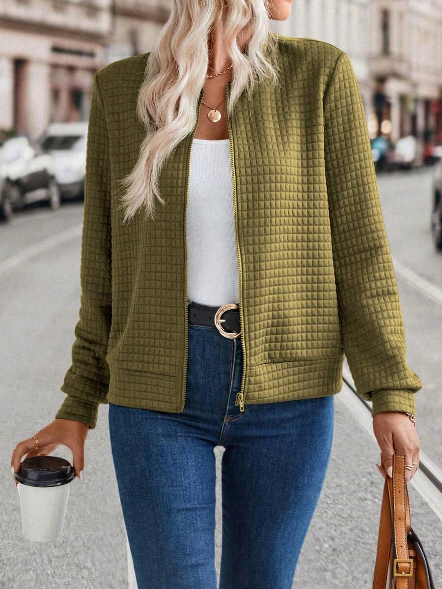 SHEIN LUNE Women Casual Textured Zipper Lightweight Jacket For Autumn
