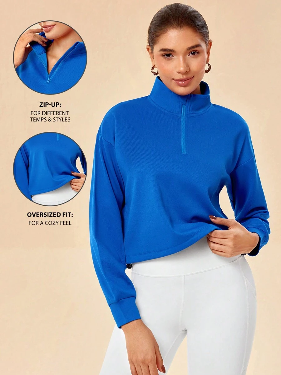 Lifespree Women's Solid Color Zip Front Long Sleeve Minimalist Sweatshirt, Casual For Daily Wear