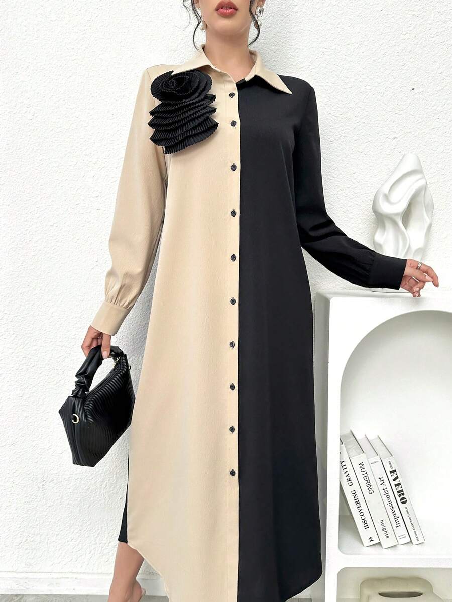 Modelyn Abito lungo da donna con maniche lunghe, modesto, con fiori 3D e colorblock, abito lungo da sera stile arabo