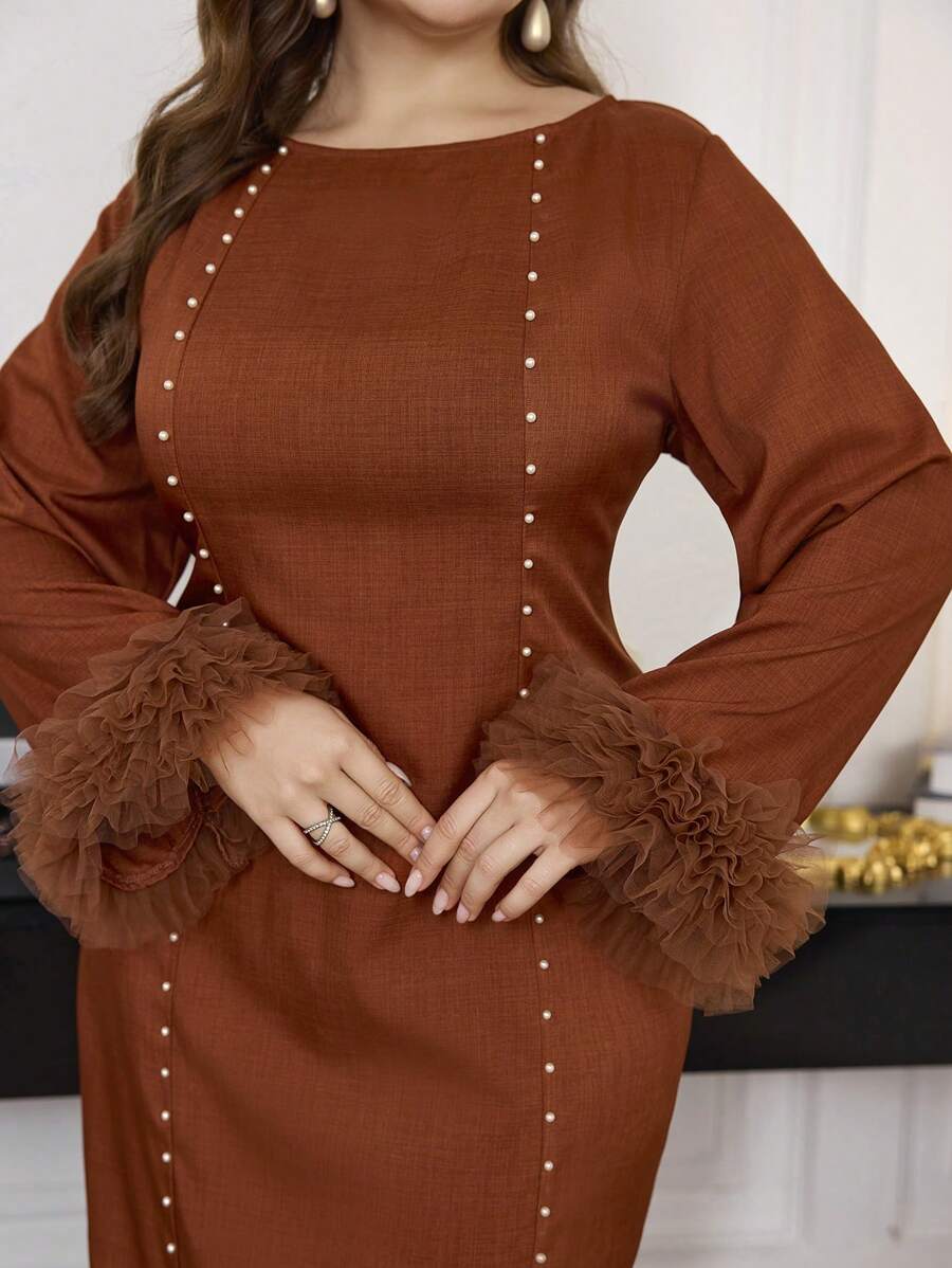 Modelyn Vestido de Body ceñido con mangas globo de estilo retro y cuello redondo, vestido elegante de mujer estilo maxi para otoño/invierno, vestido largo de noche