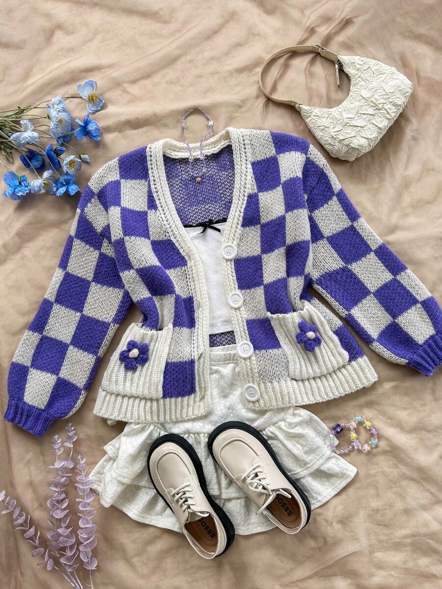 Soleia Casual Sweet Colorblock Plaid Pocket Floral Long Sleeve Knit Cardigan