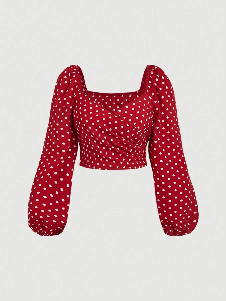 SHEIN MOD Plus Size Vintage Red Polka Dot Crossover Back Tie Bow Lantern Sleeve Blouse
