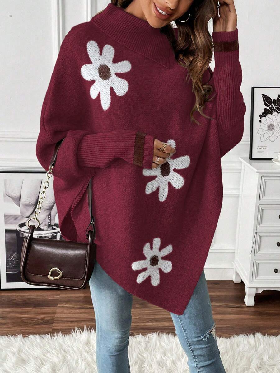 Chiquease Floral Print Asymmetric Hem Stand Collar Long Sleeve Sweater