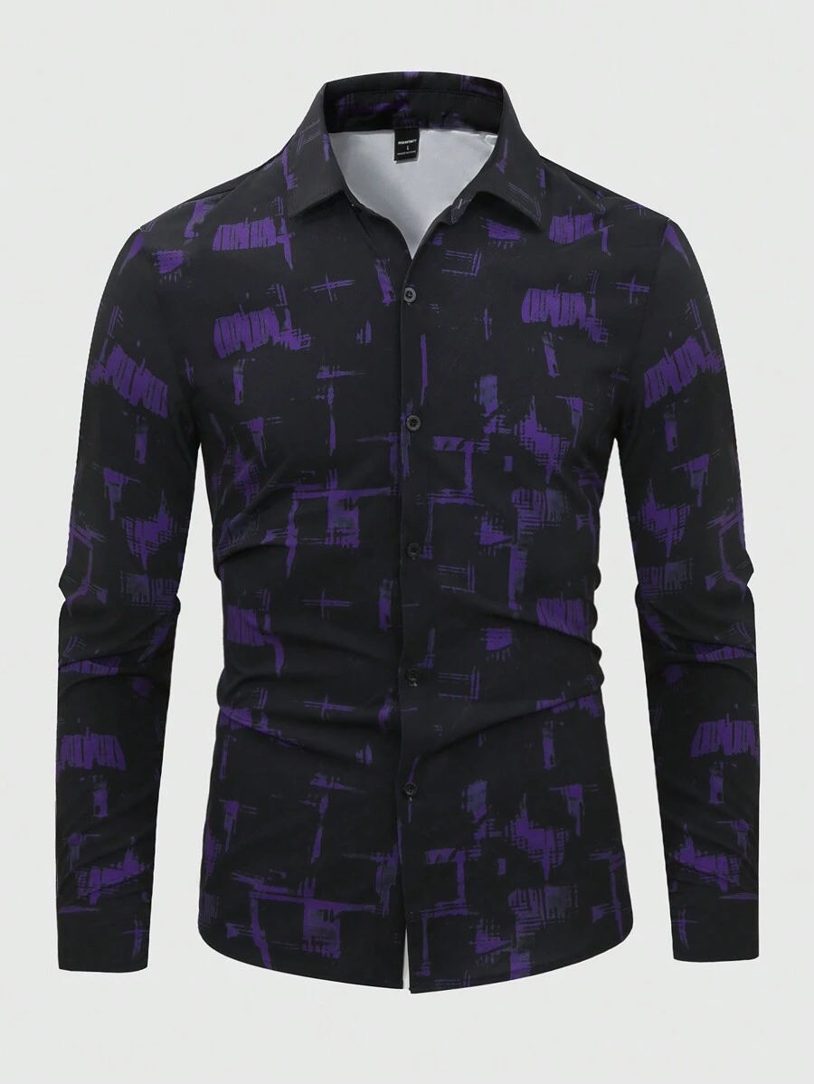 Manfinity Homme Men's Casual Long Sleeve Brush Print Button Down Shirt, Autumn
