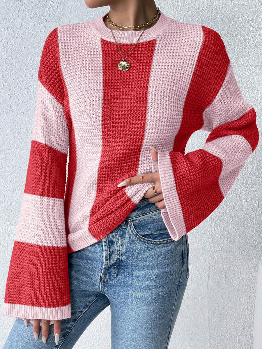 Calvaya Suéter de mujer informal con cuello redondo, contraste de color, hombro caído y manga acampanada, para otoño/invierno