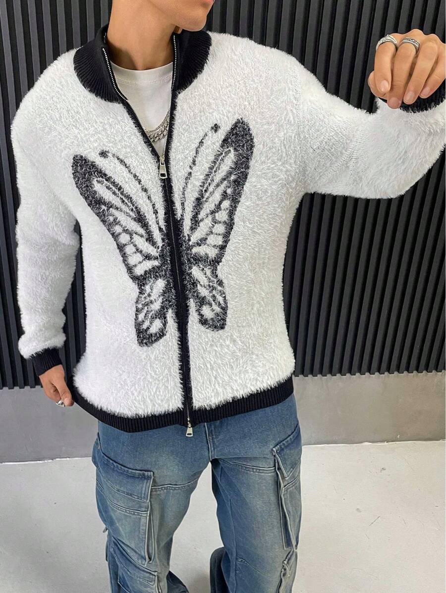 Manfinity EMRG Men's Butterfly Pattern Contrast Color Long Sleeve Casual Cardigan, Autumn/Winter
