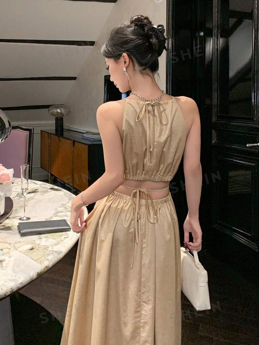 DAZY Vestido largo con escote halter y espalda descubierta para mujer, vestido de fiesta, cumpleaños, Año Nuevo