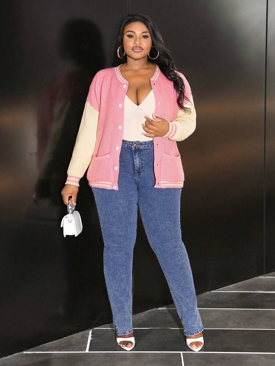 Slaydiva Chaqueta con botones de punto con bloques de color y ribetes a rayas para el otoño/invierno, de uso diario informal, con bolsillos dobles, talla grande