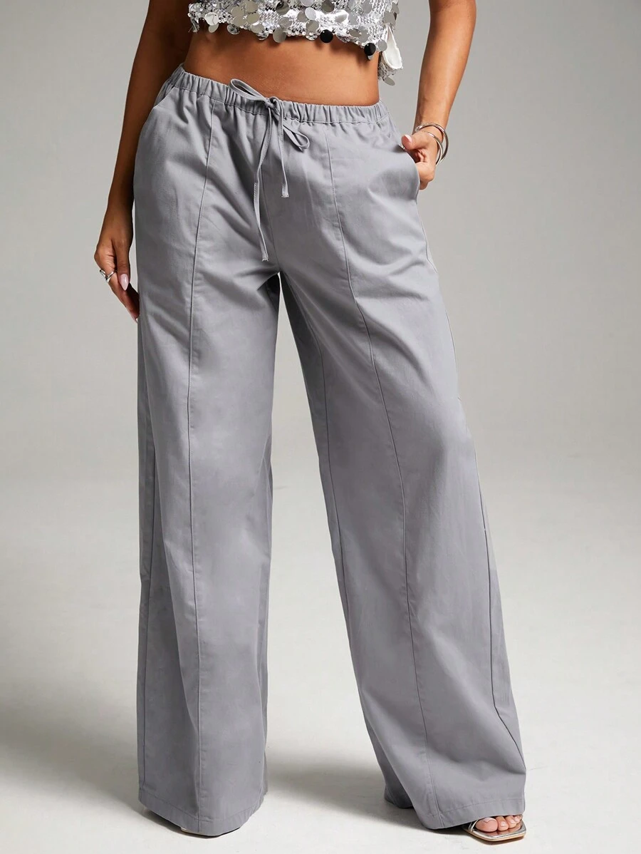 SHEIN BAE Grey Minimalist Everyday Fashion Casual Drawstring Waist Low Rise Wide Leg Lounge Pants For Women, Fall