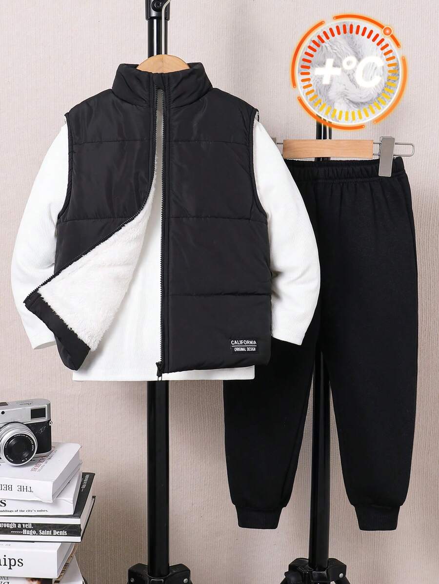 SHEIN 3 stuks/set jonge jongens dikke gebreide warme voering effen kleur ronde hals trui, thermisch gevoerde parka jas & casual broek, geschikt voor school, buiten, dagelijks dragen in de herfst & winter
