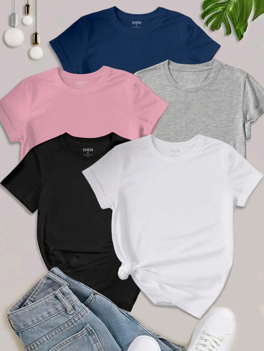 SHEIN MOOSTA 5PCS Women's Simple Solid Color Crew Neck Short Sleeve T-Shirts