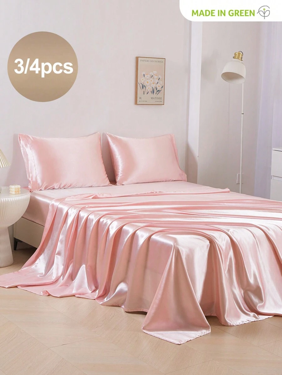 Juego de 3/4 piezas 1 sábana ajustable de satén + 1 sábana plana de satén + 1/2 fundas de almohada de satén, suaves, transpirables y sin arrugas, mejor para dormir, estilo de hotel de lujo, regalo para mamá, papá y amigos, bolsillo profundo de 14 pulgadas/35 cm, lavable a máquina, para camas individuales, dobles, king y queen