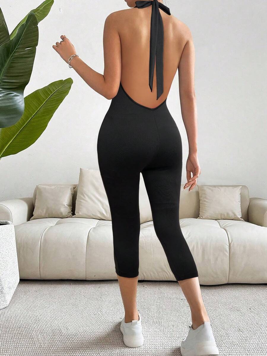 SHEIN SXY Women's Solid Color Halter Backless Twist Sexy Jumpsuit