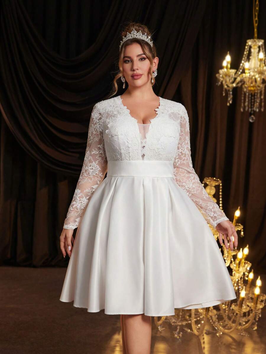 SHEIN Belle Plus Size White Satin Jacquard Splice Sheer Floral Mesh Jacquard V Neck A-Line Dress, Elegant Bridal Shower/Wedding Guest Dress, Little White Dress,Bride