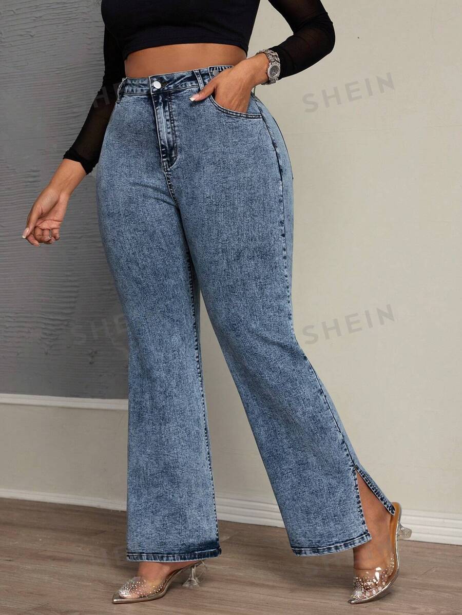 SHEIN SXY Vaqueros azules de cintura alta y elástica para mujer talla grande con dobladillo dividido, pantalones largos versátiles