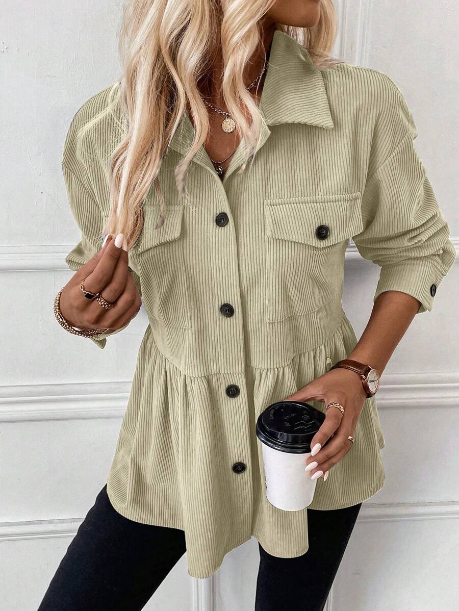 SHEIN LUNE Chaqueta casual de mujer con botones delanteros y dobladillo con volantes, adecuada para el uso diario en otoño