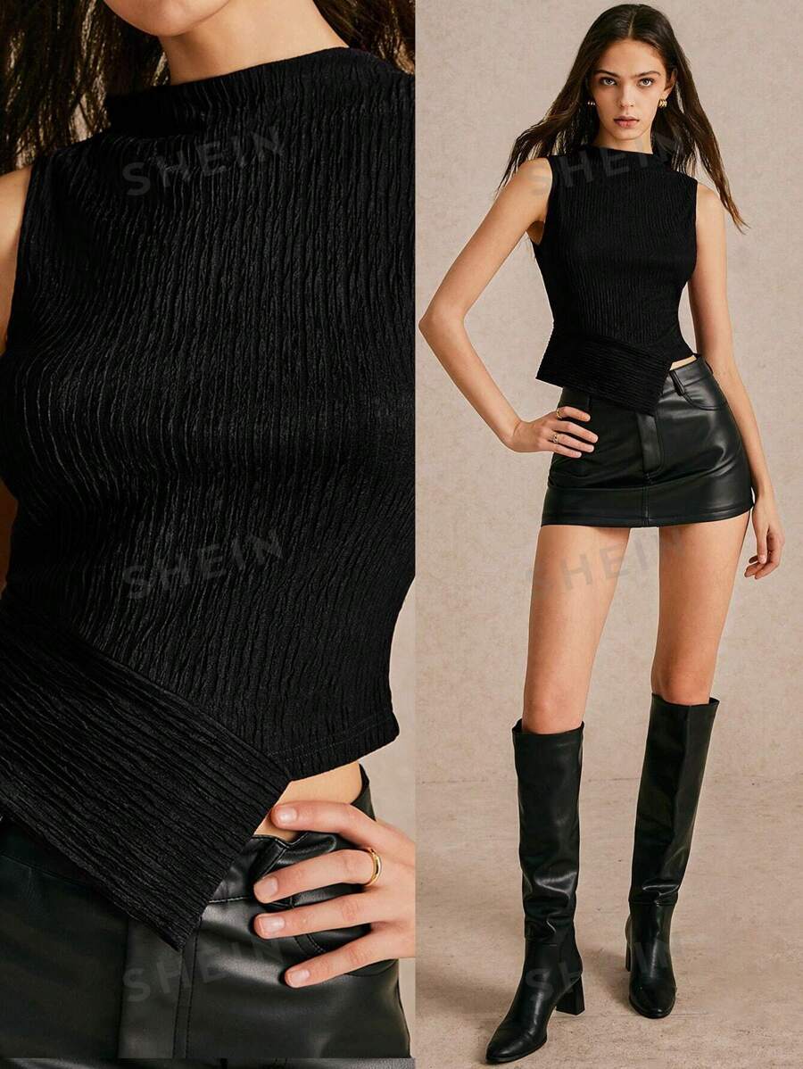 Poéselle Top tipo tanque ajustado con cuello alto asimétrico y textura, blusas asimétricas de punto con textura, blusas cortas, ropa casual de negocios para mujer, disfraces de Halloween, ropa de mujer para otoño