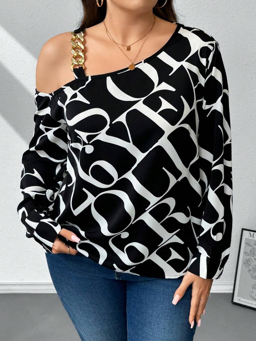 SHEIN Privé Plus Letter Graphic Chain Detail Asymmetrical Neck Blouse