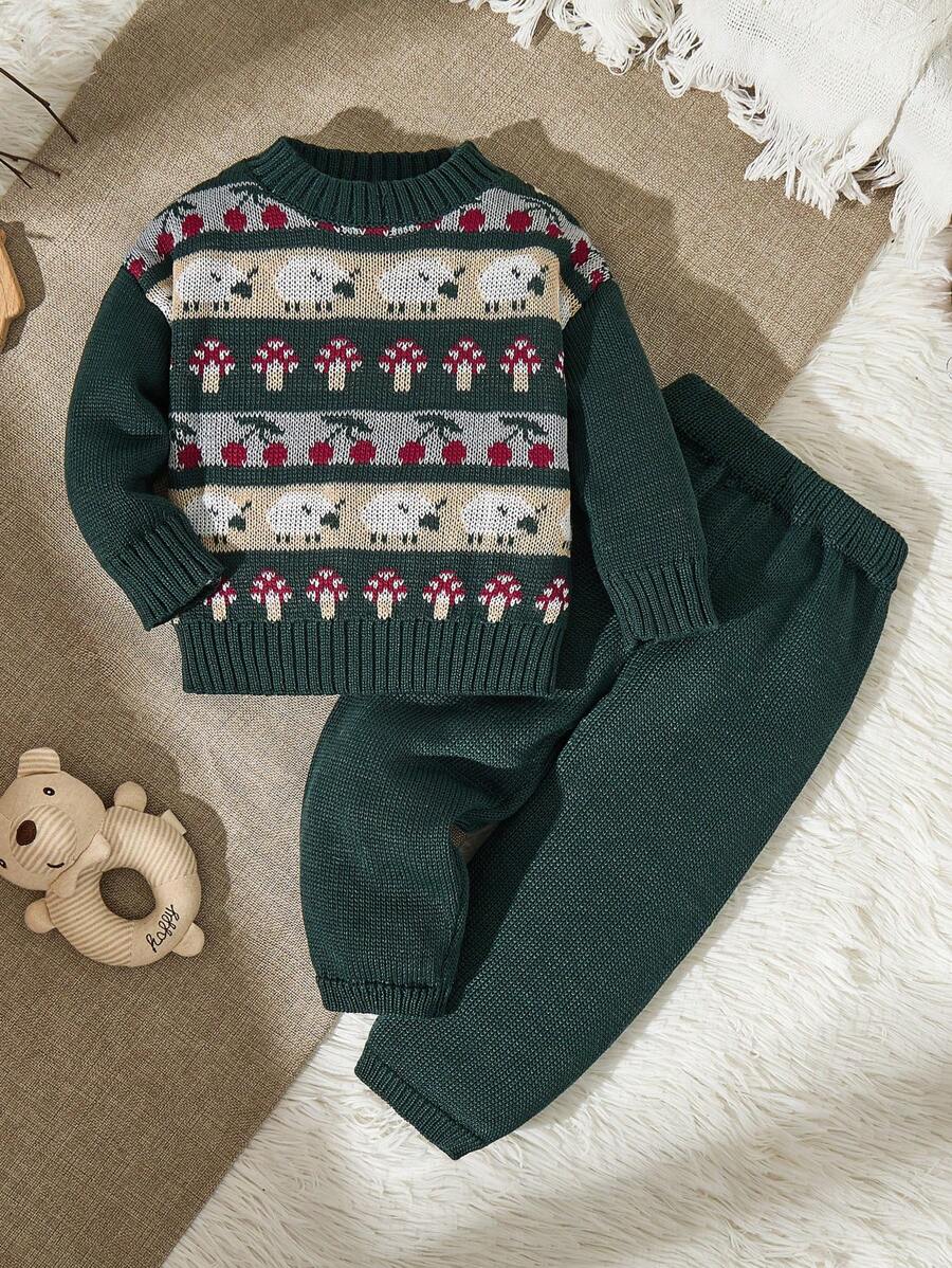 Baby Girl Mushroom & Cherry Graphic Round Neck Long Sleeve Knitted Sweater And Pants Set, Casual Outfit Suitable For Home, Travel, Vacation, Party And Gift For Baby Boy, Autumn/Winter