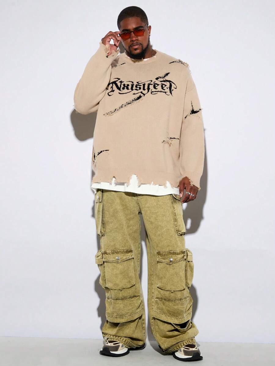 Manfinity VCAY Plus Size Men's Loose Letter Print Distressed Round Neck Long Sleeve Sweater