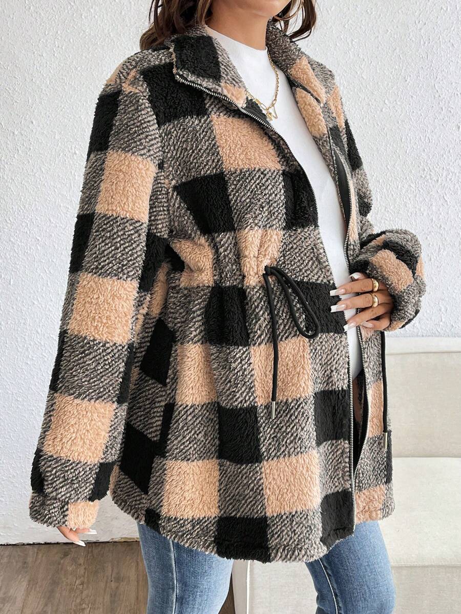 SHEIN Zwangere vrouwen geruite print rits sluiting lange mouw jas, winter, voor zwangerschap