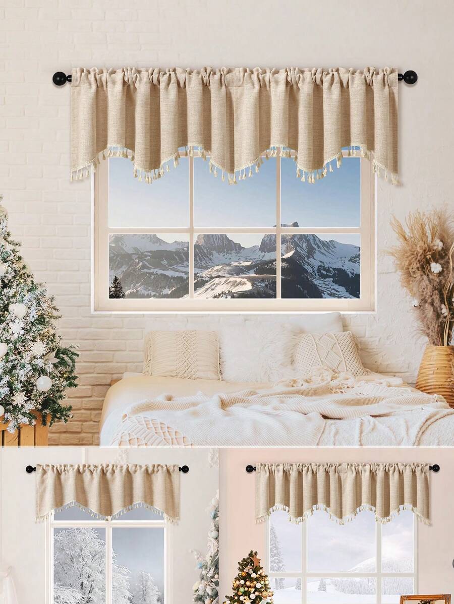 1pc Beige S-Shaped Tassel Curtain/Valance, Flax-Like Material, Partition Curtain For Window/Door Decor, Suitable For Party, Living Room, Bedroom