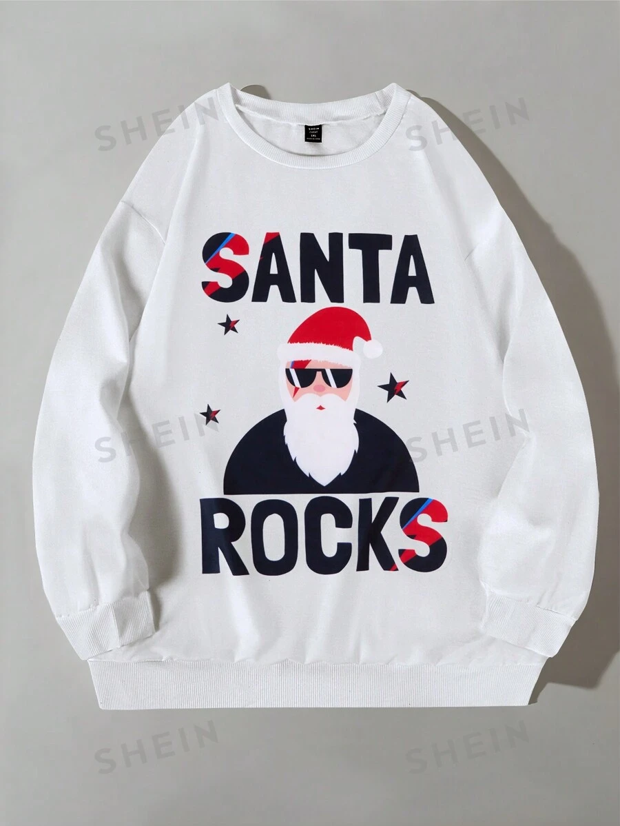 Sudadera blanca informal de cuello redondo talla grande, forrada térmica, holgada, cómoda, de moda, que estiliza la figura, sudadera navideña con estampado divertido de Papá Noel, Papá Noel con gafas de sol y estampado de bloques de color y estrellas, a juego con la familia