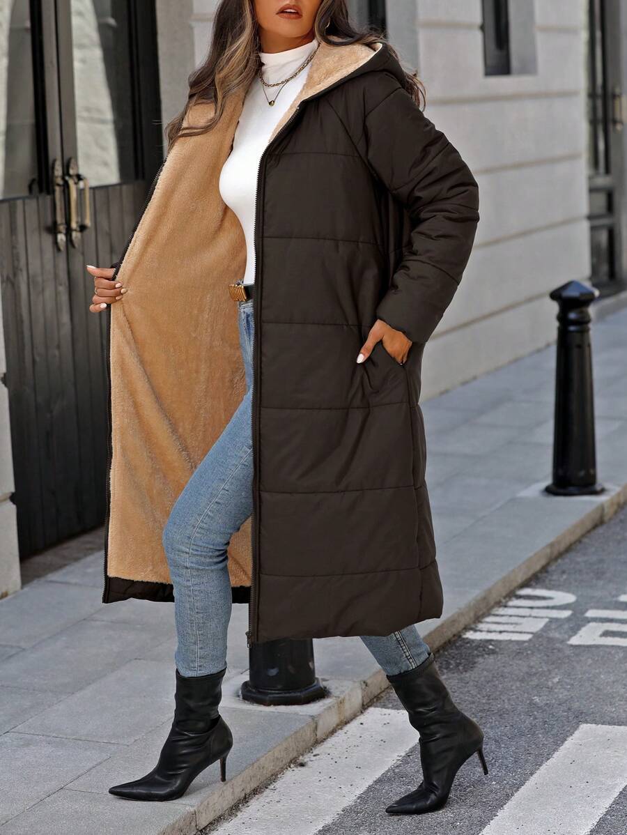 SHEIN Clasi Women's Winter Clothes Warmth Zip-Up Hooded Jacket, Thermal Lined For Daily Wear