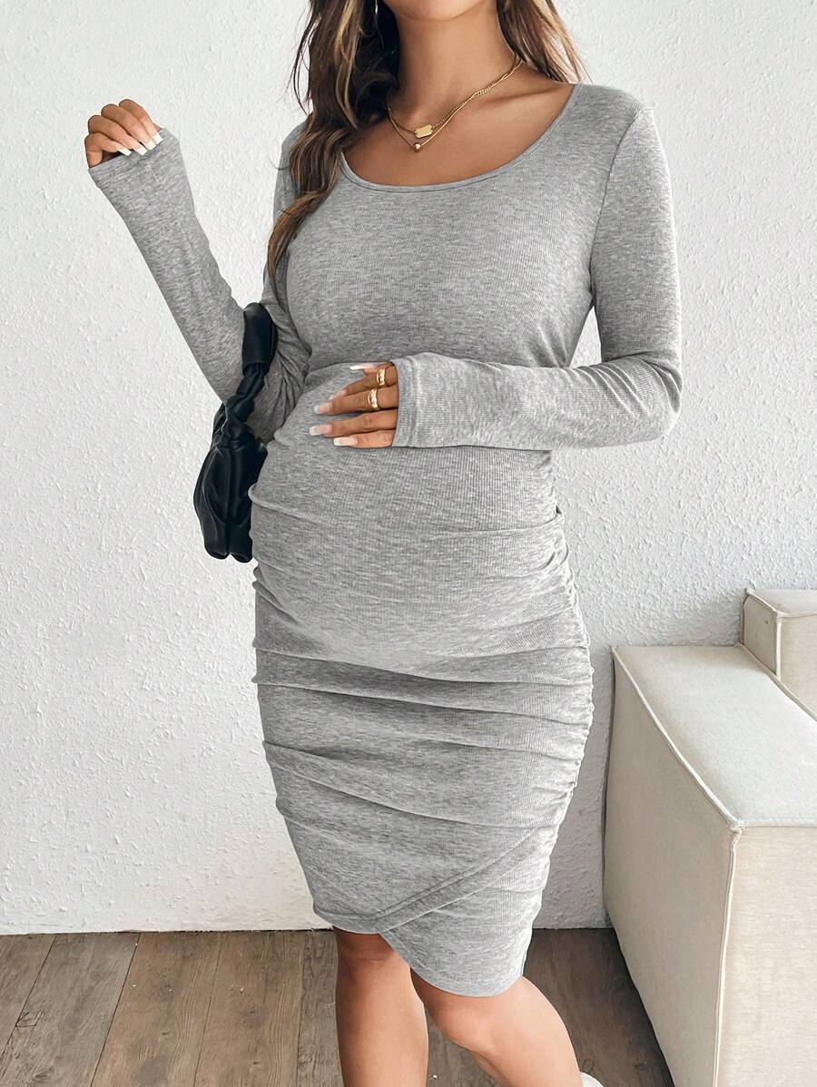 SHEIN Maternity Short Crew Neck Long Sleeve Pleated Casual Dress