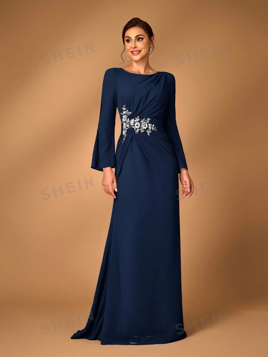 Serin Vestido de mujer elegante de gris y rosa con tela de gasa, cuello redondo, manga larga transparente, detalle de pliegues, apliques de lentejuelas, bajo con cola de pez, adecuado para que las madres asistan a ceremonias de boda, eventos, fiestas y ocasiones formales como madre de la novia