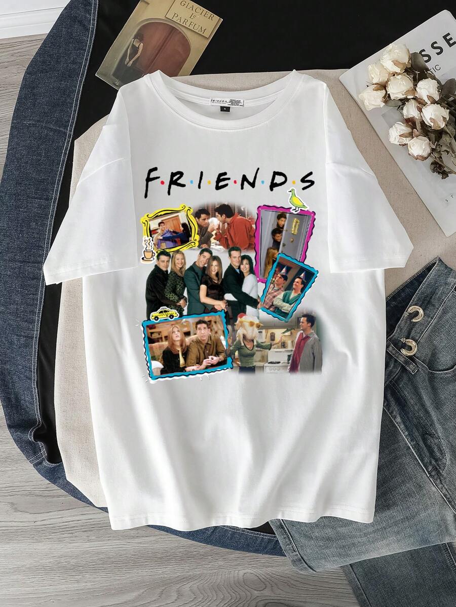 FRIENDS X SHEIN Casual Loose Round Neck Short Sleeve Women T-Shirt, Suitable For Summer