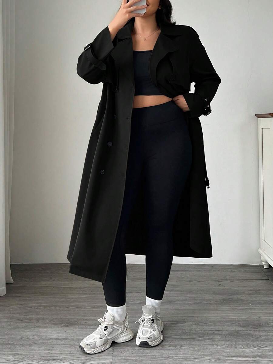 SHEIN EZwear Plus Size Solid Color Double-Breasted Casual Trench Coat, Autumn